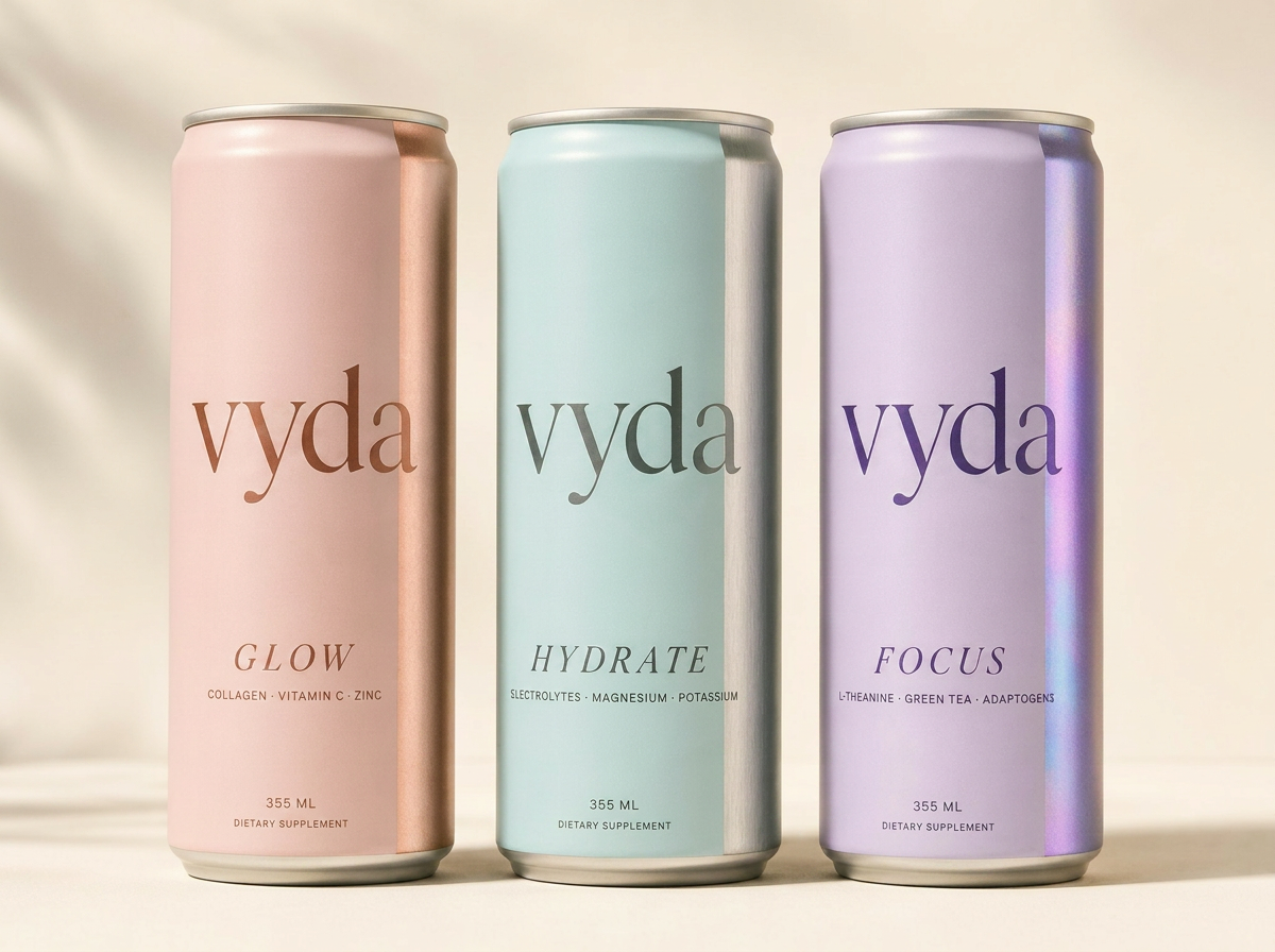 vyda Glow, Hydrate y Focus — tres latas mate